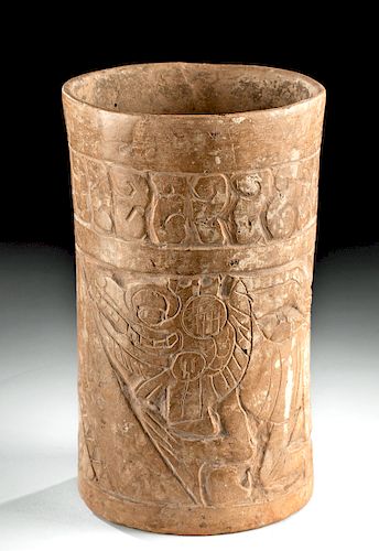 Maya Ceramic Cylinder Vase with Carved Iguanas