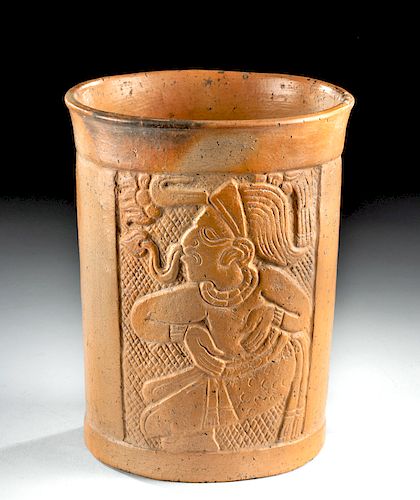 Maya Pottery Cylinder Vase with Incised Lord