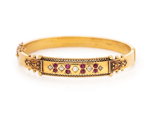 A Victorian 15 Karat Yellow Gold, Diamond and Ruby Bangle Bracelet, British,