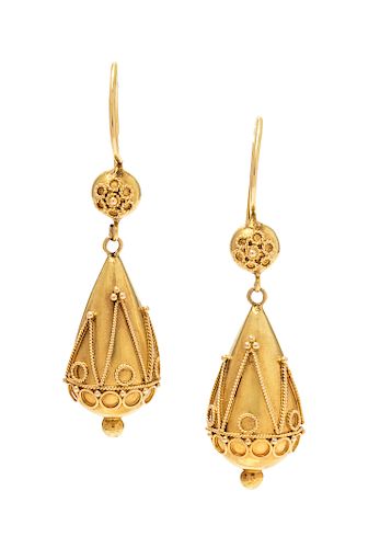 A Pair of Etruscan Revival 15 Karat Yellow Gold Earrings,