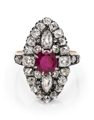 A Silver Topped Yellow Gold, Burmese Ruby and Diamond Ring,