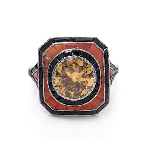 A Platinum, Fancy Colored Diamond, Coral and Onyx Ring,