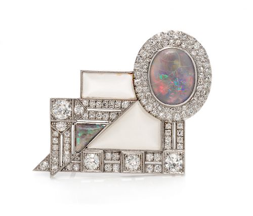 An Art Deco Platinum, Opal, Diamond and Rock Crystal Brooch,