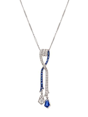 An Art Deco Platinum, Diamond and Sapphire Pendant/Necklace,