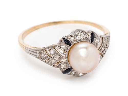 A Platinum Topped Yellow Gold, Pearl, Diamond and Onyx Ring,