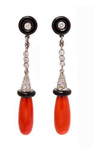 A Pair of Platinum, Diamond, Coral and Onyx Dangle Earrings,