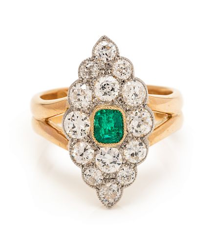 A Platinum Topped 22 Karat Yellow Gold, Emerald and Diamond Ring, British,