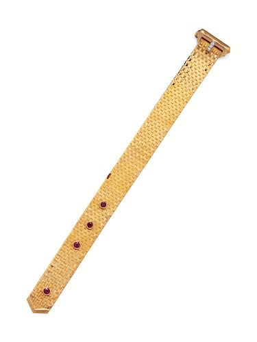 A Retro 14 Karat Yellow Gold, Platinum, Ruby and Diamond Belt Motif Bracelet,