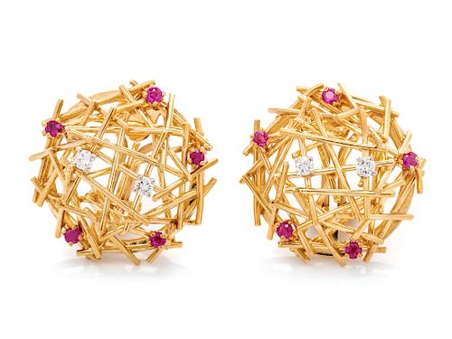 A Pair of 18 Karat Yellow Gold, Diamond and Ruby Earclips, Italian,
