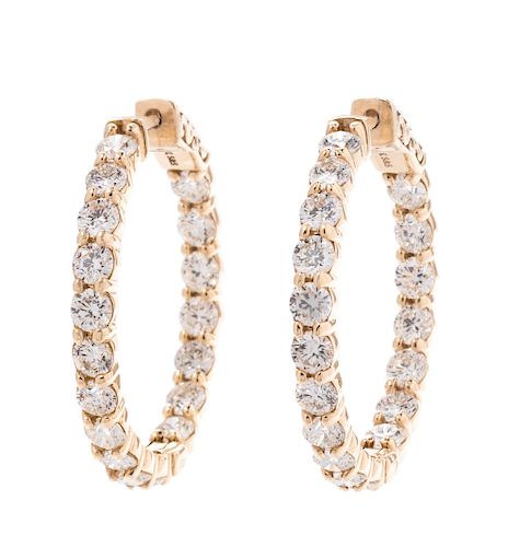 A Pair of 14 Karat Yellow Gold and Diamond Hoop Earrings,