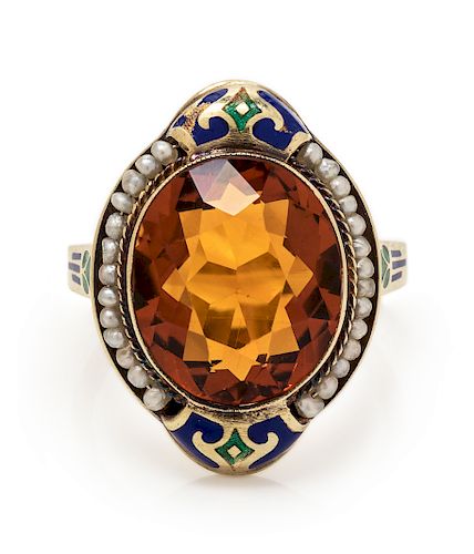 An Art Deco 14 Karat Yellow Gold, Citrine, Seed Pearl and Polychrome Enamel Ring,