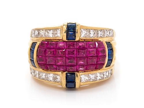 An 18 Karat Yellow Gold Ruby, Diamond and Sapphire Ring,