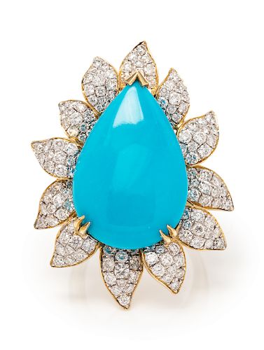 An 18 Karat Yellow Gold Turquoise and Diamond Ring,