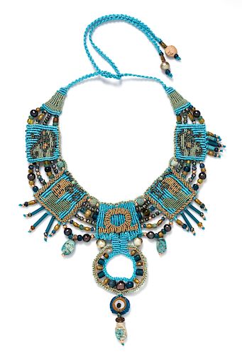 A Textile, Glass, Clay, Cultured Pearl and Faience Bead Egyptian Motif Collar Necklace,