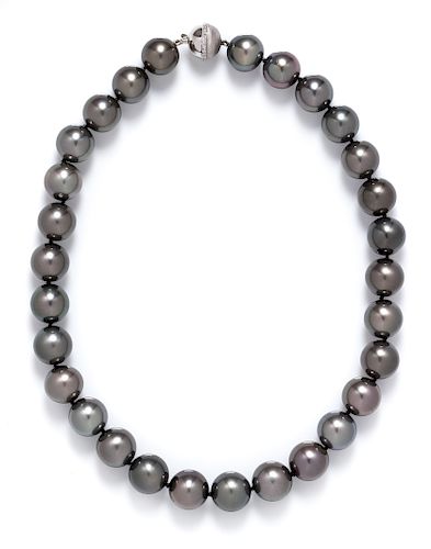 An 18 Karat White Gold, Diamond and Cultured Tahitian Pearl Necklace,