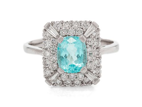 A 14 Karat White Gold, Greenish-Blue Tourmaline and Diamond Ring,