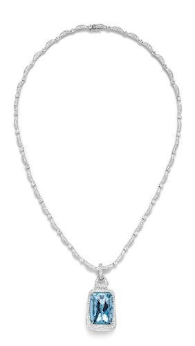 An 18 Karat White Gold, Blue Topaz and Diamond Pendant/Necklace,