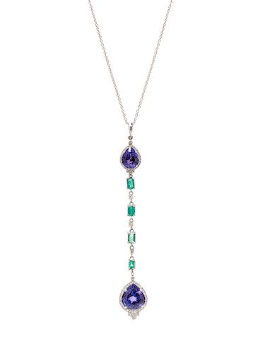 A 14 Karat White Gold, Tanzanite, Emerald and Diamond Pendant/Necklace,