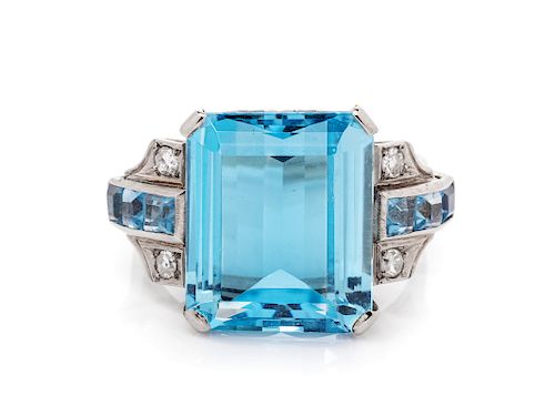 A Platinum, Aquamarine and Diamond Ring,