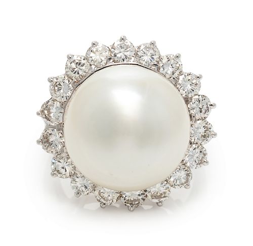 A Platinum, Cultured South Sea Pearl and Diamond Ring,