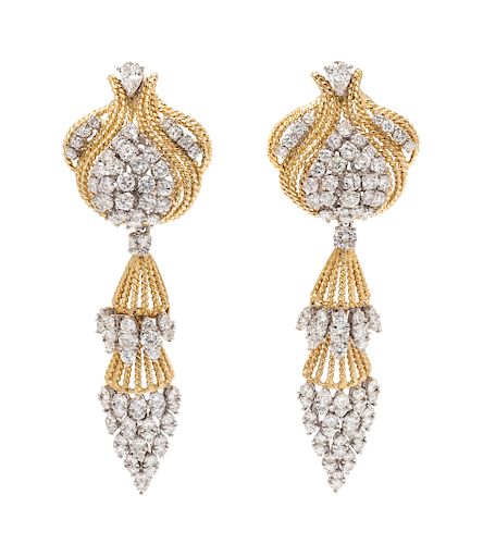A Pair of Bicolor Gold and Diamond Convertible Earclips,