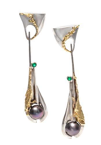 A Pair of Bicolor Gold, Emerald and Cultured Pearl Earclips,