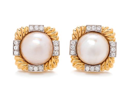 A Pair of 18 Karat Yellow Gold, Platinum, Cultured Mabe Pearl and Diamond Earclips, David Webb,