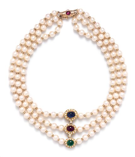 A 14 Karat Yellow Gold Diamond, Sapphire, Ruby, Emerald and Cultured Pearl Necklace,