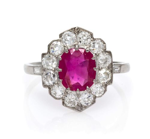 An Art Deco Platinum, Burmese Ruby and Diamond Ring,