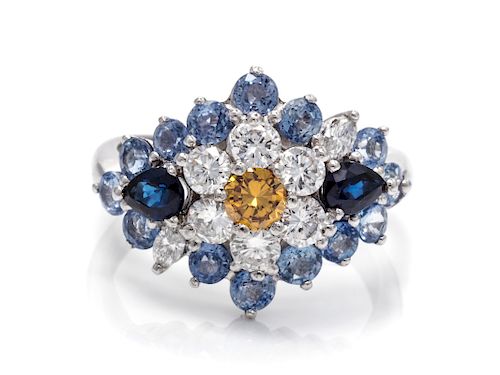 An 18 Karat White Gold, Colored Diamond, Diamond and Sapphire Ring,