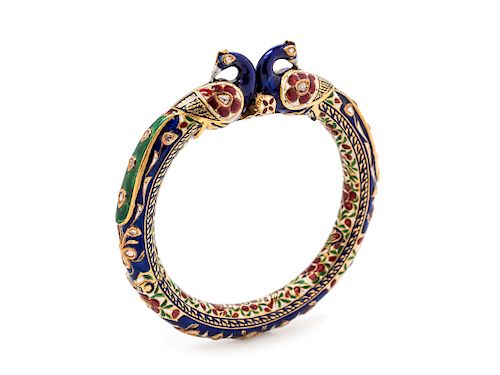 A High Karat Gold Kundan, Diamond and Polychrome Enamel Peacock Bangle Bracelet, Indian,