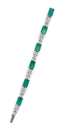 A Platinum, Green Tourmaline and Diamond Bracelet,