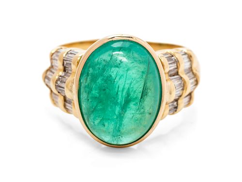 An 18 Karat Yellow Gold, Emerald and Diamond Ring,