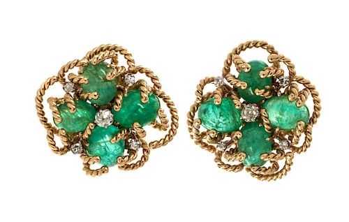 A Pair of 14 Karat Yellow Gold, Emerald and Diamond Earclips,