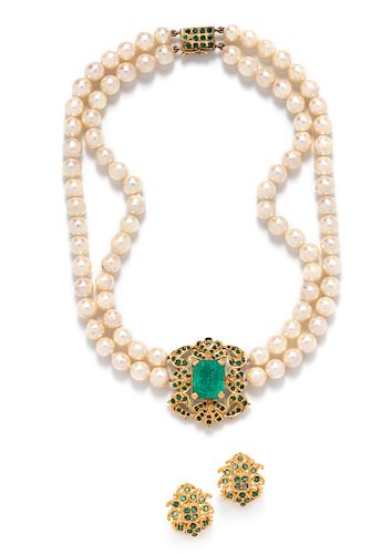 A High Karat Yellow Gold, Emerald and Cultured Pearl Demi-Parure, Indian,