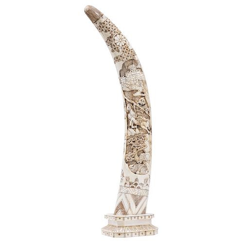 TUSKS. CHINA, 20TH CENTURY. A pair of tusk figures with carved plaques of ivory and ink details representing war scences along with flower motifs and 