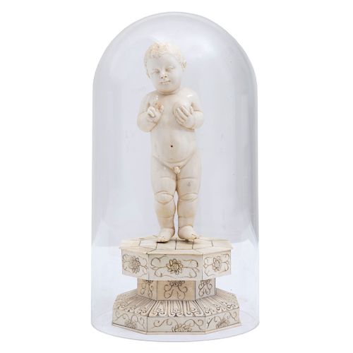 INFANT JESUS, THE SAVIOR OF THE WORLD. HISPANIC-PHILIPPINE, 19TH CENTURY.  Carved ivory figure on a stand with ivory plaques. 