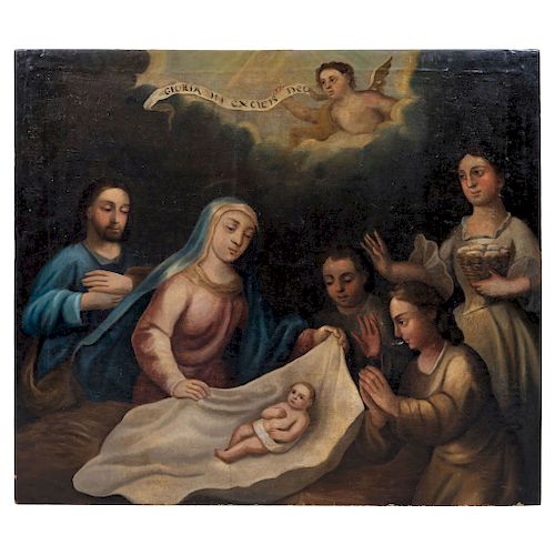 THE ADORATION. MEXICO, BEGINNING OF THE 19TH CENTURY.. Oil on canvas. With inscription at the bottom of the image. 