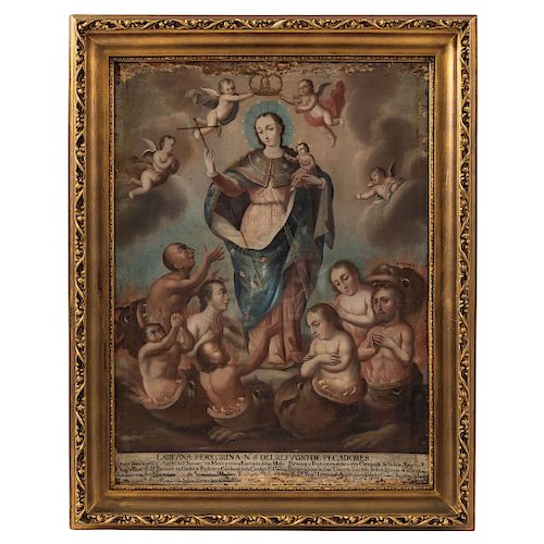 OUR LADY OF REFUGE. MEXICO, 17TH CENTURY. Oil on canvas. With an inscription at the bottom of the image.