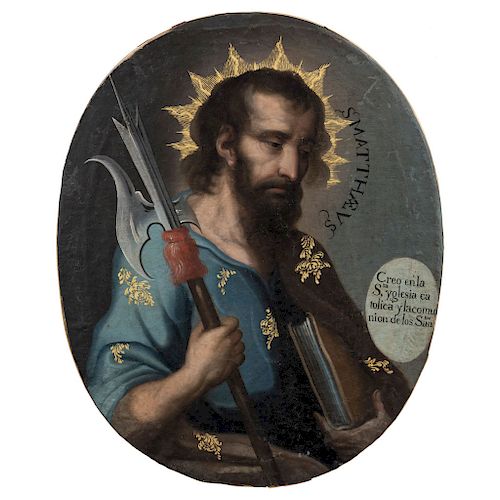 SAINT MATTHEW. MEXICO, SIGLO 19TH CENTURY. Oil on canvas. With an inscription on the bottom of the image.