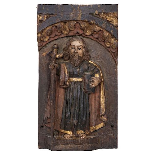 A PAIR OF WOODEN CARVINGS OF SAINT PETER AND SAINT PAUL. MEXICO, CIRCA 1900. Carved and polychromed wood. With architectural details. 