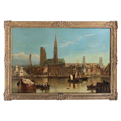 JOSEPH FRANCIS ELLIS (IRELAND, 1783-1848). VIEW OF THE PORT OF ANTWERP. Oil on board. Signed.