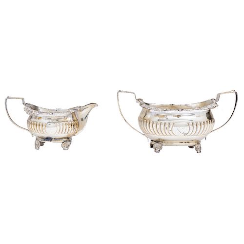 SUGAR AND CREAM BOWLS. ENGLAND, 19TH CENTURY. Sterling 0.925 Silver. Marked: CRESPIN FULLER. The body with chased strapwork and chased details.