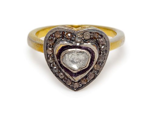 A Silver Topped Yellow Gold Plated and Diamond Heart Motif Ring,