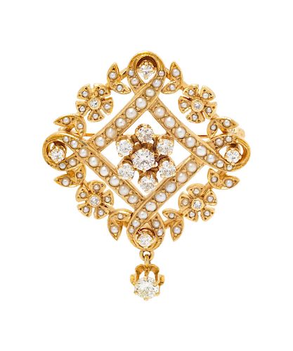 A 14 Karat Yellow Gold, Diamond and Seed Pearl Pendant/Brooch,