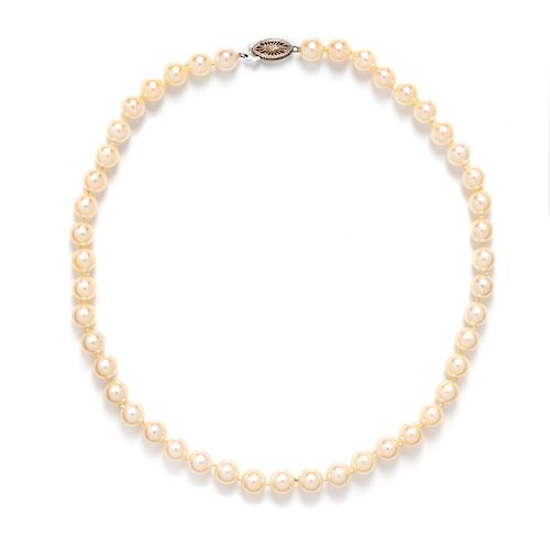 A 14 Karat White Gold and Cultured Pearl Strand Necklace,
