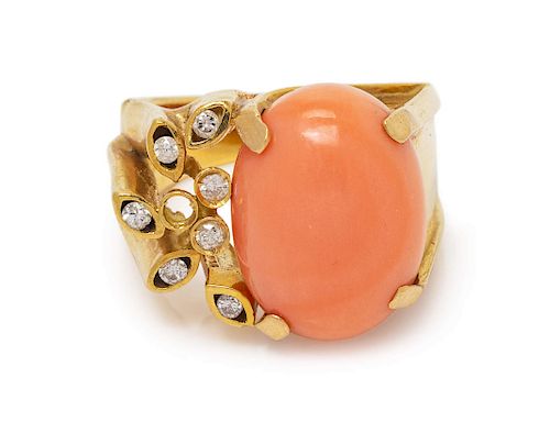 An 18 Karat Yellow Gold, Coral and Diamond Ring,