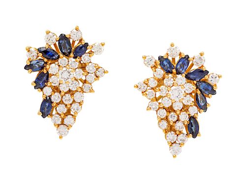 A Pair of Yellow Gold, Diamond and Sapphire Earclips,