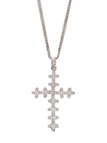 A 14 Karat White Gold and Diamond Cross Pendant/Necklace,