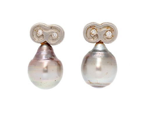 A Pair of Platinum, Cultured Baroque Pearl and Diamond Earrings,